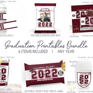 Printable Maroon and White Graduation Party Bundle, Class of 2023 Classic Custom DIY Party Favor Grad Party Decorations Set Instant Download