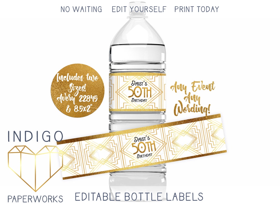 Printable Art Deco Gold Water Bottle Label, White and Gold Modern ...