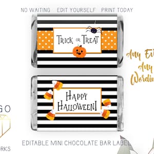 Afdrukbaar Halloween-label mini-snoepreep, schattige kinderen polkadot gestreepte afstand Halloween verjaardagsfeestje gunst, aangepaste chocoladereep wrapper