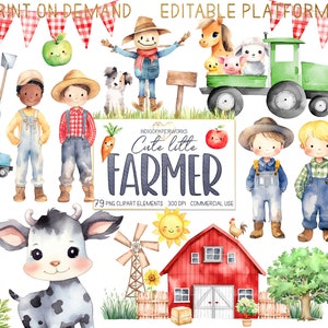 Clipart ferme mignon - 79 animaux de la ferme aquarelle PNG transparents avec des graphiques de bannière de tracteur, de grange et de banderoles Vichy pour un usage commercial
