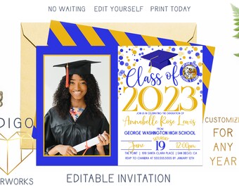 Printable 2023 Graduation Party Invitation With Photo, Royal Blue and Yellow Grad Invite, Custom Editable Template Instant Download