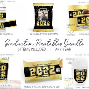 Printable 2023 Graduation Party Bundle, Black and Gold Foil Classic Custom DIY Party Favors Grad Party Decorations Set Instant Download
