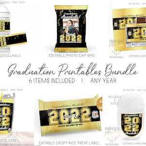 Printable 2023 Graduation Party Bundle, Black and Gold Foil Classic Custom DIY Party Favors Grad Party Decorations Set Instant Download