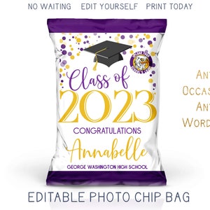 Printable 2025 Graduation Chip Bag, Purple and Yellow Modern Grad Party Favor Bag, Trunk Party Decorations DIY Editable Template