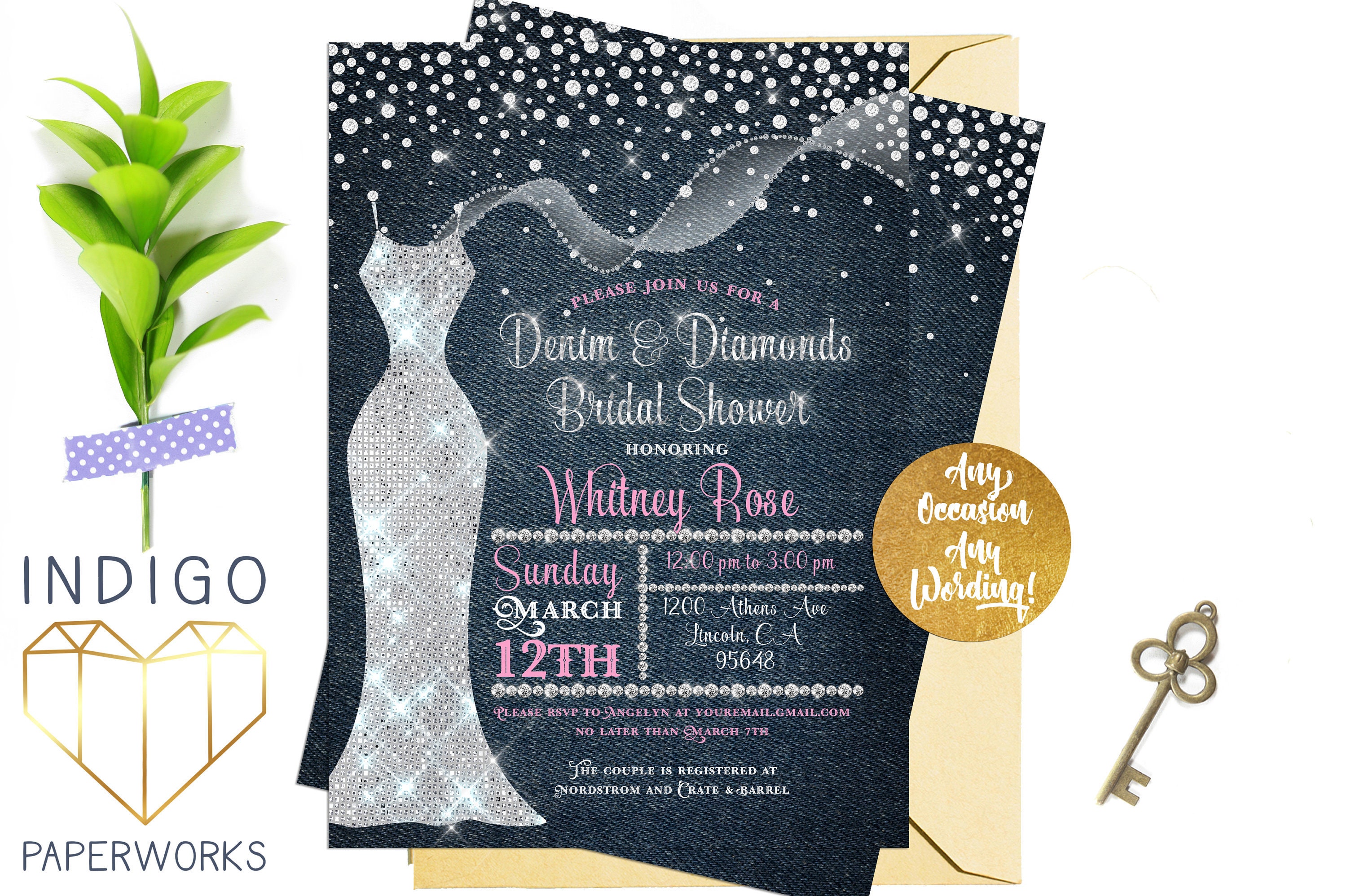 Denim and Diamonds Bridal Shower Invitation Blue Jean Bling Etsy