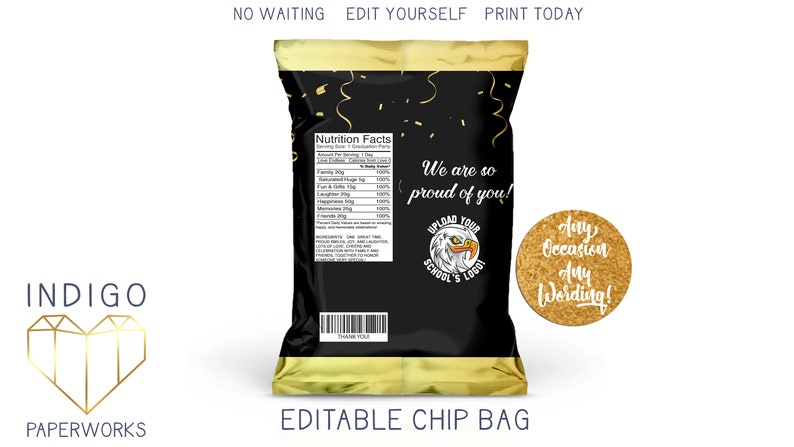 Printable Graduation Chip Bag Class of 2020 Black and Gold Etsy