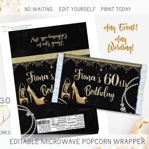 Printable High Heel Popcorn Wrapper, Boho Mandala Microwave Popcorn Label, Glitz Diamond and Pearl Sparkle DIY Custom Women&#39;s Birthday Favor