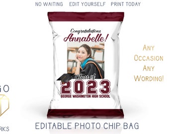 Printable 2023 Graduation Chip Bag with Photo, Maroon and White Grad Party Favor Bag Trunk Party Personalized Decor DIY Editable Template