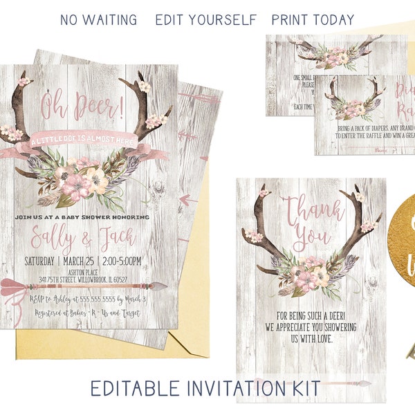 Boho Arrow Baby Shower Invitation Kit, Pink Rustic Antlers Rustic Girl's Baby Shower Invite Set, Printable Editable Baby Shower Invite Suite
