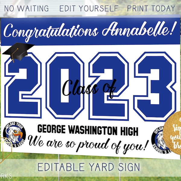 Printable 2023 Graduation Lawn Sign, Custom Navy Blue and White Grad Decor 2023 Outdoor Front Yard Poster Digital Template Instant Download