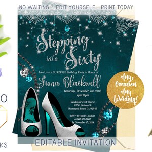 Women&#39;s Birthday Party Invitation, Mandala Boho Glam Turquoise and Silver High Heel Invite, Glitter Glam Diamond Shoes Custom Digital Invite