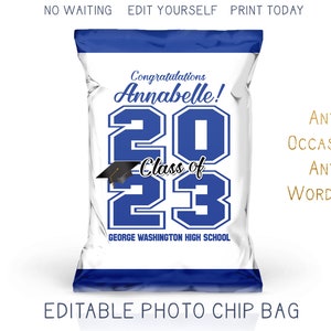Printable 2025 Graduation Chip Bag, Navy Blue and White Grad Party Favor Bag, Trunk Party Decorations DIY Custom Digital Template