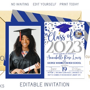 Printable 2023 Graduation Party Invitation With Photo, Navy Blue & Grey Grad Invite, Custom Editable Template Instant Download