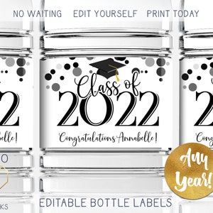 Printable 2023 Graduation Water Bottle Labels Custom Personalized Black and White Labels for Avery 22845 Instant Download