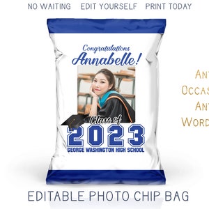 Printable 2023 Graduation Chip Bag with Photo Navy Blue and White Grad Party Favor Bag Trunk Party Decoration DIY Editable Template