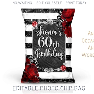 Glam Birthday Chip Bag, Red Black & White Glitter Chip Favor Bag, Jewels Diamond Birthday Favors, Custom DIY Custom Printable Party Favor