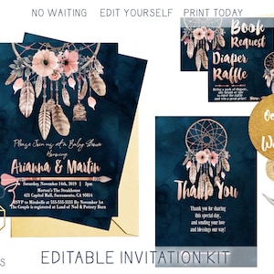 Kit di inviti per baby shower Boho Dream Catcher blu e rosa cipria, set di inviti tribali Boho Gold, suite di inviti fai da te personalizzati stampabili