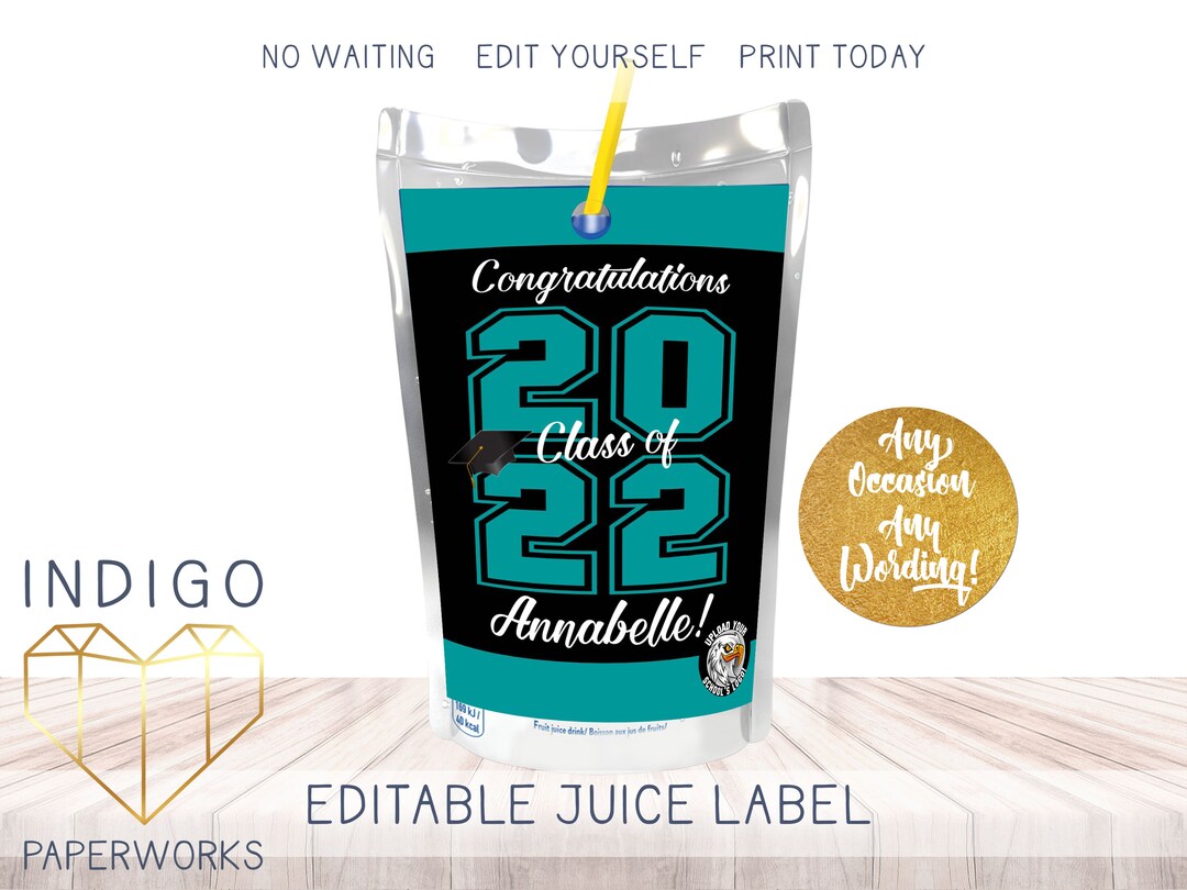 Printable 2025 Graduation Juice Label, Black and Teal Grad Juice Pouch ...
