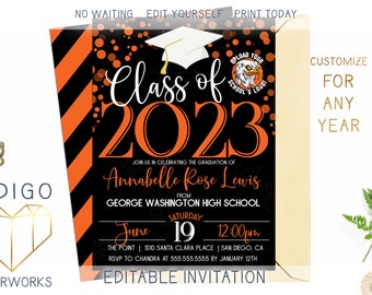 Printable 2023 Graduation Party Invitation, Black and Orange Digital Grad Invite, Custom Editable Template Instant Download