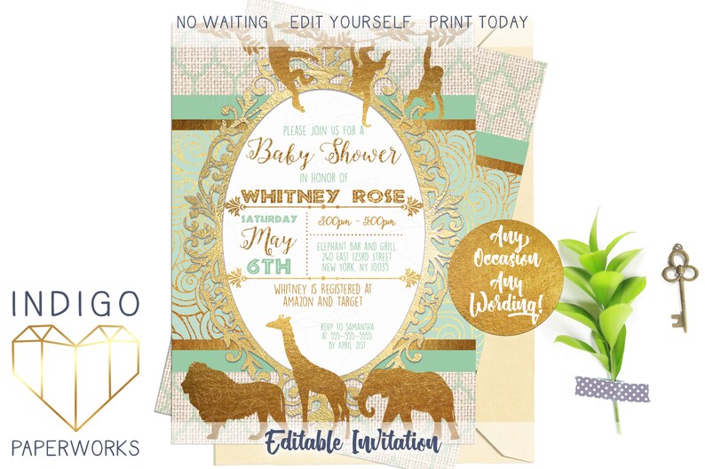 Gold Safari Baby Shower Invitation African Jungle Editable Etsy