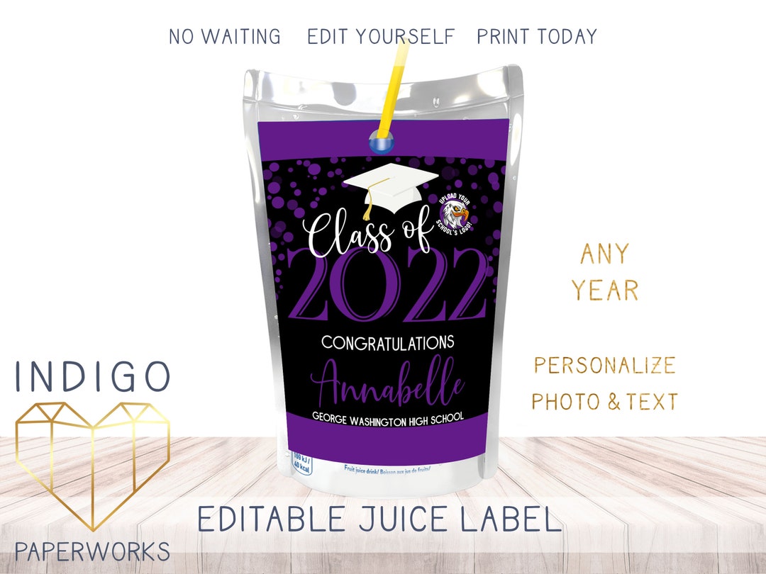 Printable Class of 2025 Graduation Juice Label, Purple & Black Modern ...