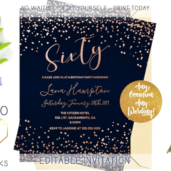 Gold Birthday Party Invitation, Glam Blue and Rose Gold Custom Party Invite, Chic Modern Foil Glitter Personalized Printable Digital Invite