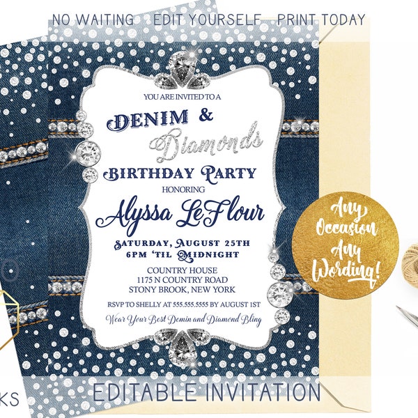 Denim and Diamonds Party Invitation, Blue Jeans Bling Birthday Invitation, Modern Glitter Sparkle Jewels Printable Digital Party Invitation