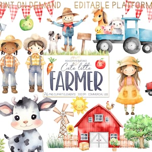 Clipart di una ragazza di fattoria carina - 76 animali da fattoria ad acquerello in formato PNG trasparente con grafica di striscioni con trattore, fienile e bandierine a quadretti per USO COMMERCIALE