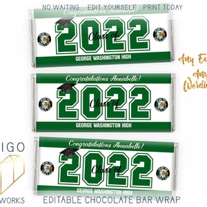 Printable 2023 Graduation Chocolate Bar Label, Green and White Candy Bar Wrapper, Custom DIY Grad Trunk Party Decor Instant Download