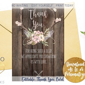Tarjeta de agradecimiento personalizada con ciervo bohemio de madera oscura rústica rosa, tarjeta plana de 4 x 6 para baby shower de niña, cornamenta de ciervo bohemia DIY, descarga instantánea