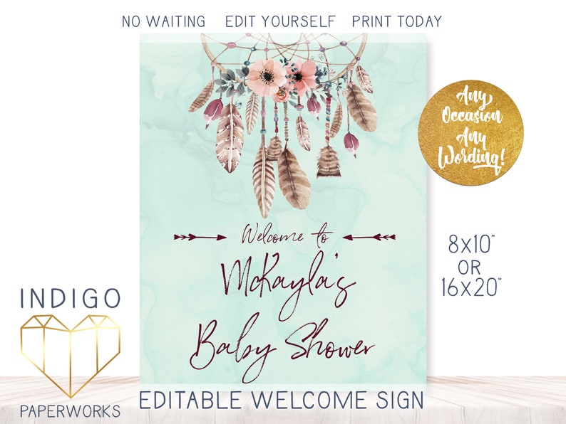 Boho Bridal Shower Instant Download Bohemian Sign Decoration Blush Pink and Mint Baby Shower Poster Printable Dream Catcher Welcome Sign