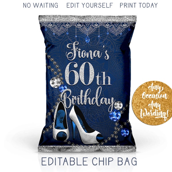 Glam Birthday Chip Bag, Mandala Boho Silver Glitter Blue High Heel Favor Bag, Diamond Shoes Birthday Favor, DIY Custom Printable Party Favor