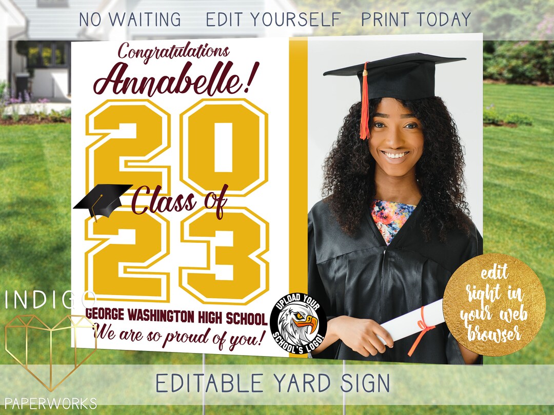 Printable 2023 Graduation Photo Lawn Sign, Burgundy and Gold Custom ...