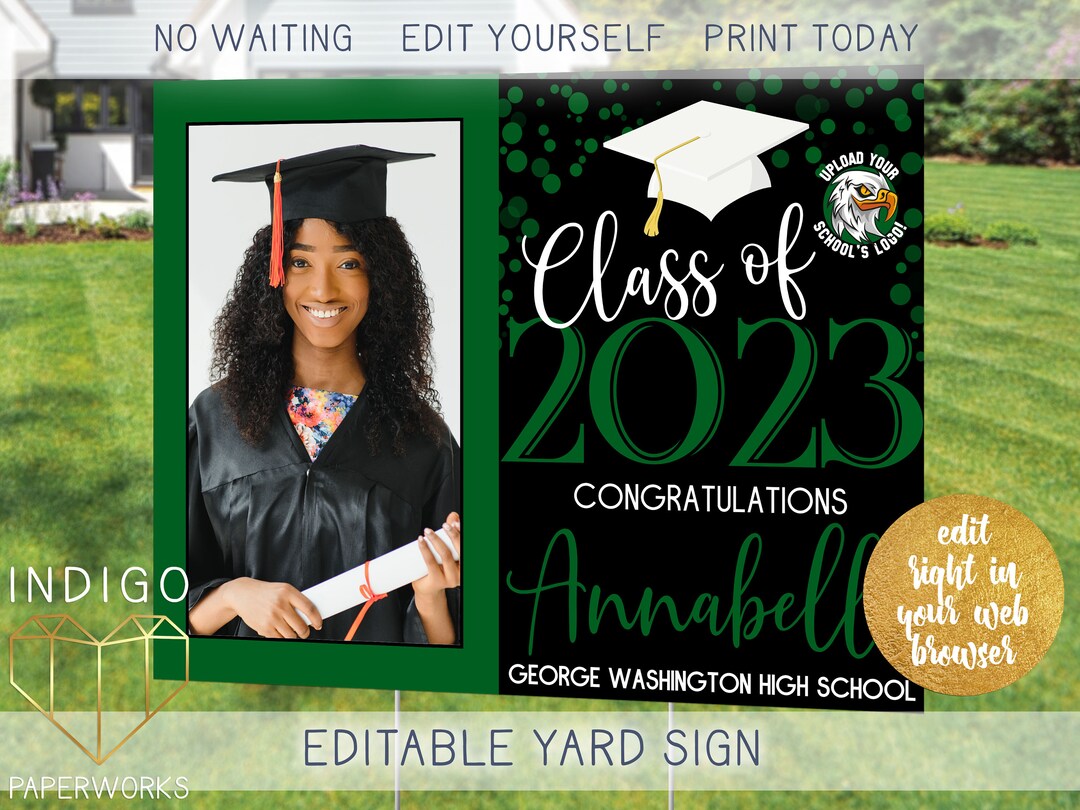 Printable 2025 Grad Lawn Sign With Photo Green and Black Custom Modern ...