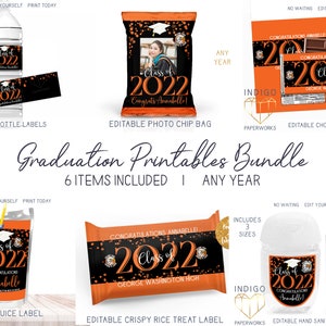 Printable Orange and Black Graduation Party Bundle, Class of 2023 Modern Custom DIY Party Favors Grad Party Decorations Set Instant Download