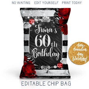 Glam Birthday Chip Bag, Red Black Silver Glitter Chip Favor Bag, Jewels Diamond Birthday Favors, Custom DIY Custom Printable Party Favor