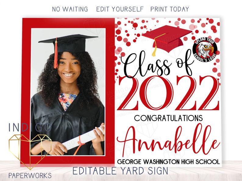 Printable 2023 Grad Lawn Sign With Photo Red and White Custom Modern Graduate Outdoor Front Yard Poster Instant Download image 2