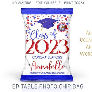 Printable 2025 Graduation Chip Bag, Red and Blue Modern Grad Party Favor Bag, Trunk Party Decorations DIY Editable Template