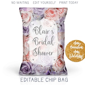 Rose Garden Bridal Shower Chip Bag, Silver Glitter Modern Bridal Favor Bag, Floral Silver Women&#39;s Birthday Favor, DIY Custom Printable Bag