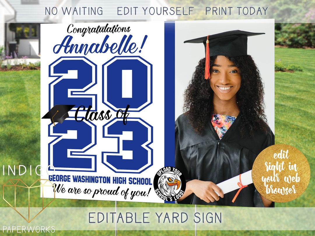 Printable Photo Grad Lawn Sign Navy Blue and White Custom Graduate ...