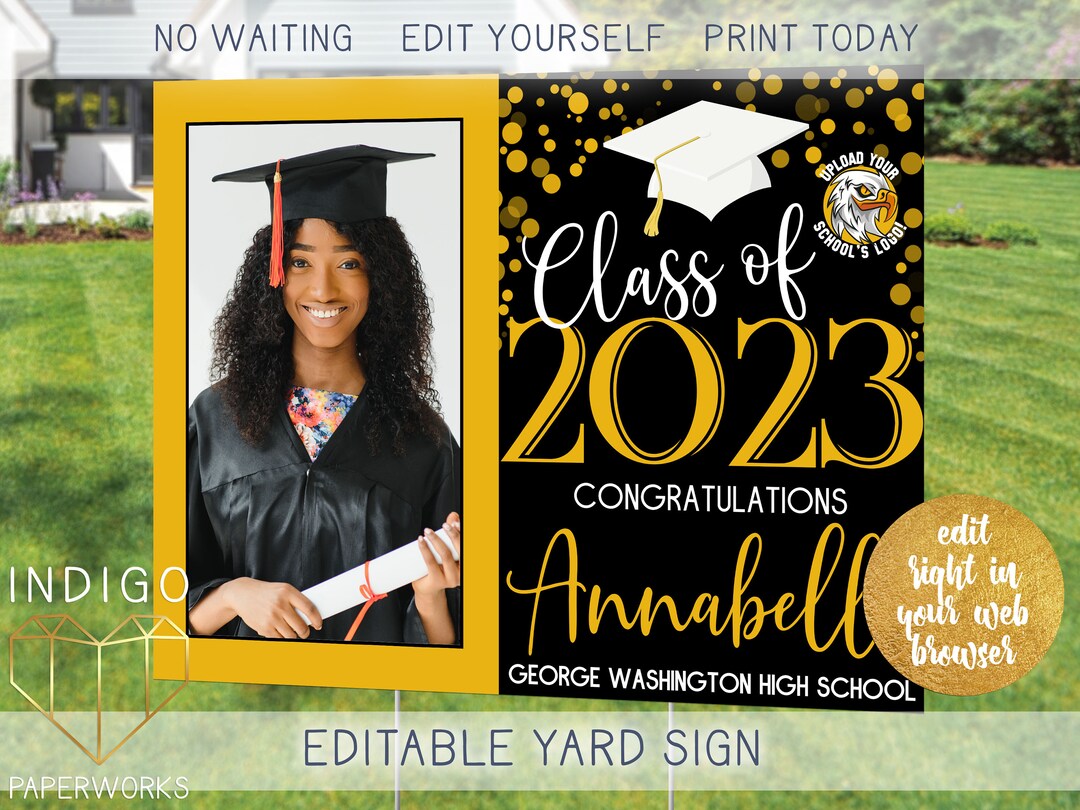 Printable 2023 Grad Lawn Sign With Photo Yellow and Black Custom Modern ...