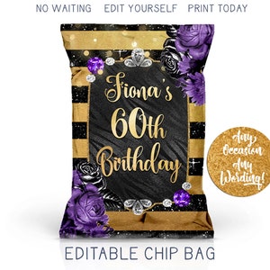 Glam Birthday Chip Bag, Striped Black Gold Glitter Chip Favor Bag, Jewels Diamond Birthday Favors, Custom DIY Custom Printable Party Favor