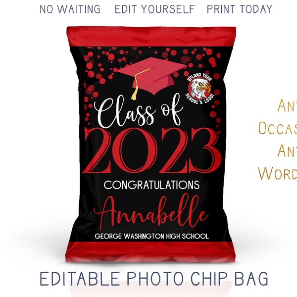 Printable 2023 Graduation Chip Bag, Red White and Black Modern Grad Party Favor Bag, Trunk Party Decorations DIY Editable Template