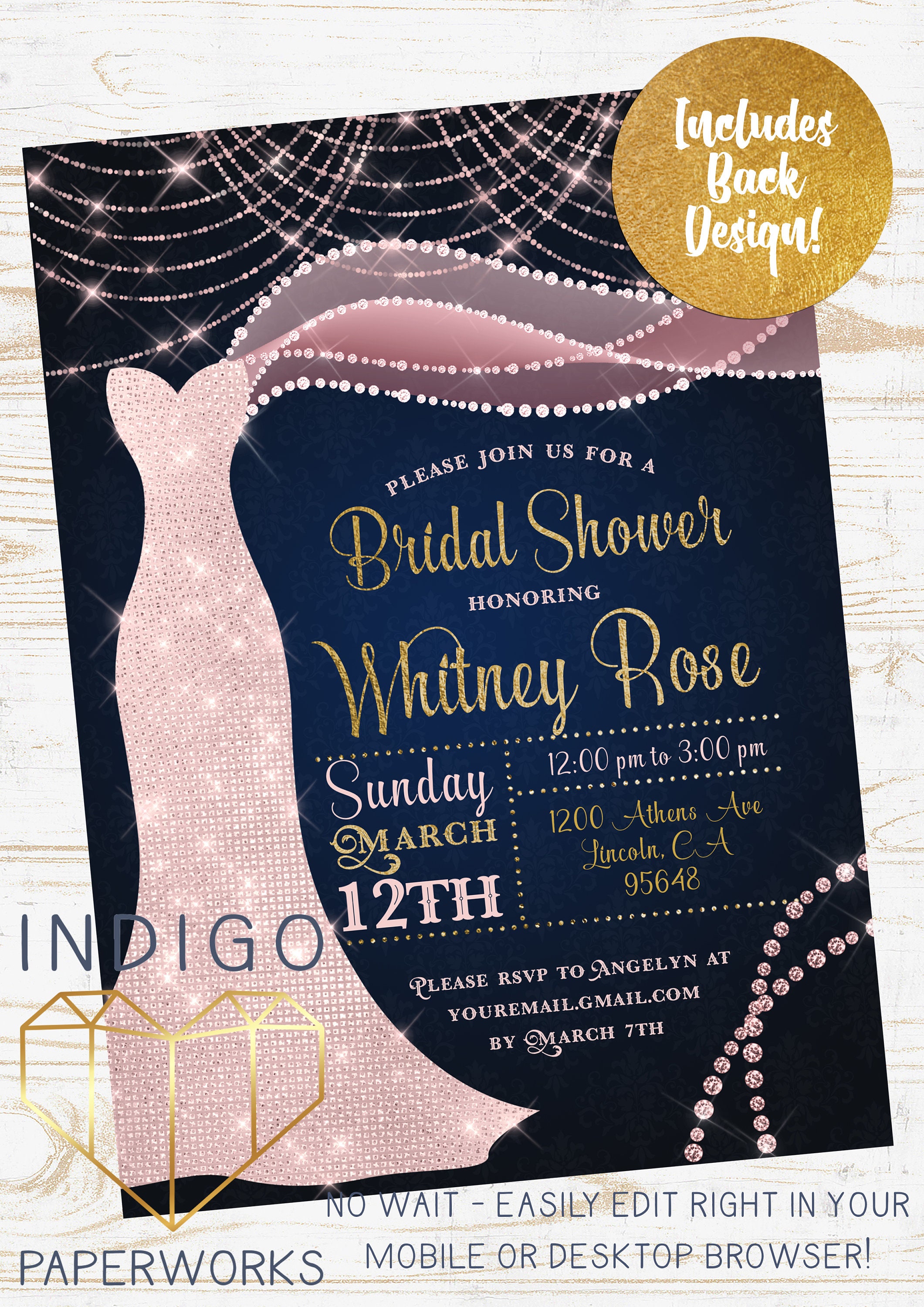 Blush Pink and Navy Blue Bridal Shower Invitation Printable - Etsy