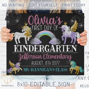 Printable First Day Of School Unicorn Chalkboard Sign, Reusable Last Day Of School Photo Prop, Personalized 8x10 1st Day Of Preschool Sign