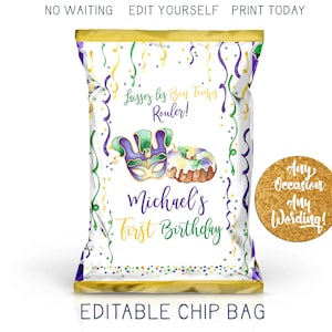 Printable Mardi Gras Chip Bag, Carnival Masquerade Mask Chip Favor Bag, Bon Temps Rouler Kid&#39;s Birthday Custom DIY Party Favor