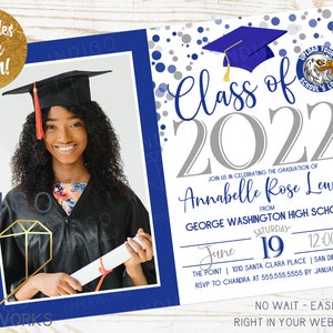 Printable 2023 Graduation Party Invitation With Photo, Navy Blue & Grey Grad Invite, Custom Editable Template Instant Download image 2