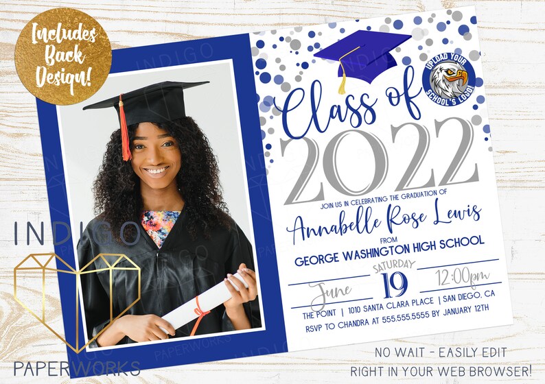Printable 2023 Graduation Party Invitation With Photo, Navy Blue & Grey Grad Invite, Custom Editable Template Instant Download image 2