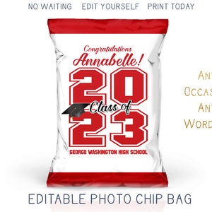 Printable 2025 Graduation Chip Bag, Red and Black Grad Party Favor Bag, Trunk Party Decorations DIY Custom Digital Template
