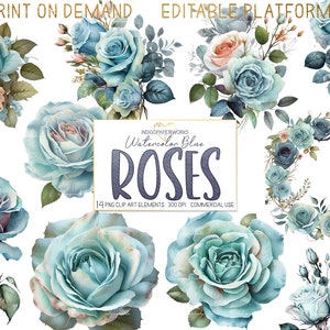 Watercolor Blue Roses Clipart- 14 pretty rose floral bunches & mason jar bouquet transparent PNG graphic elements for COMMERCIAL USE